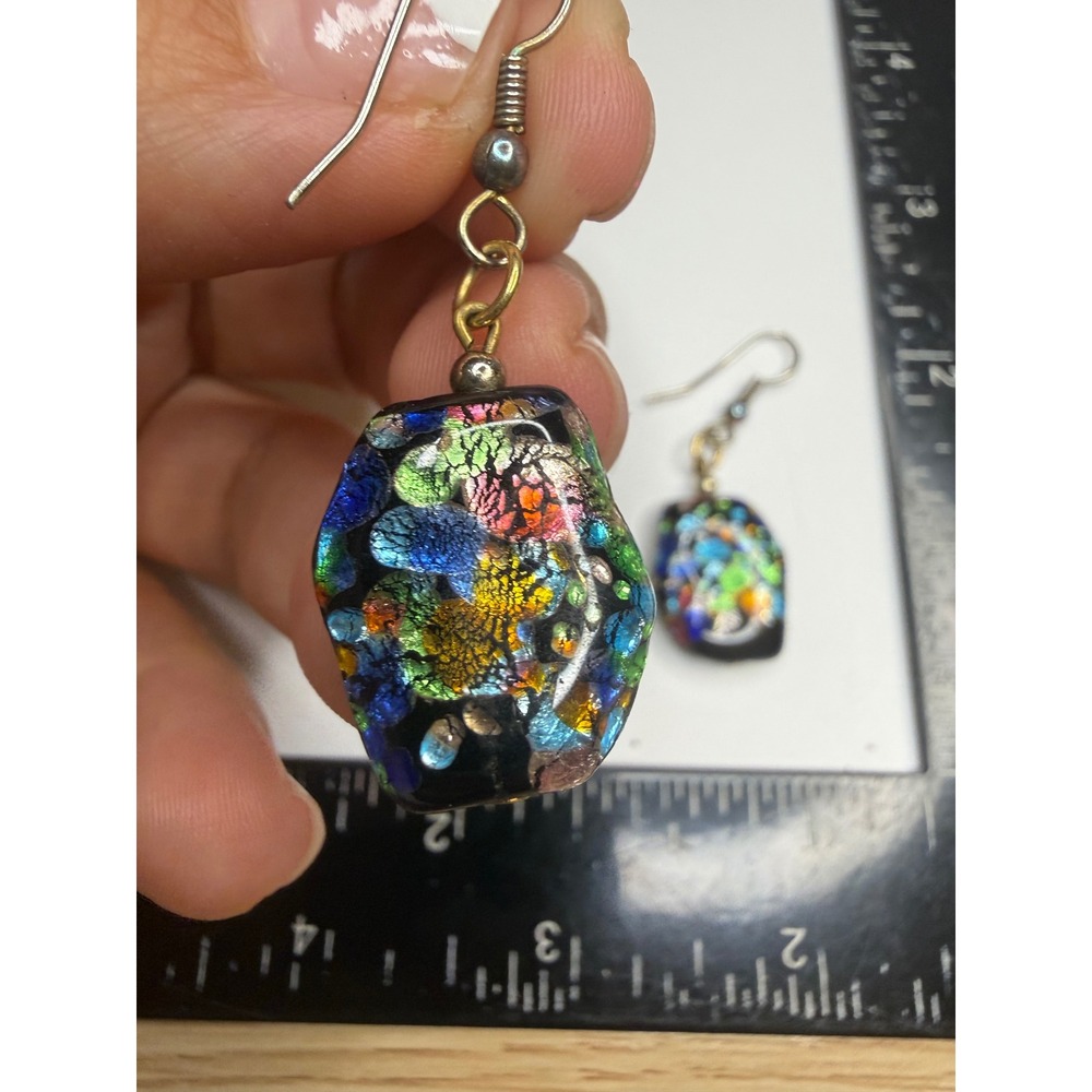 Handmade Dichroic Glass Dangle Earrings Multi Color Foil Black Art Glass Drop